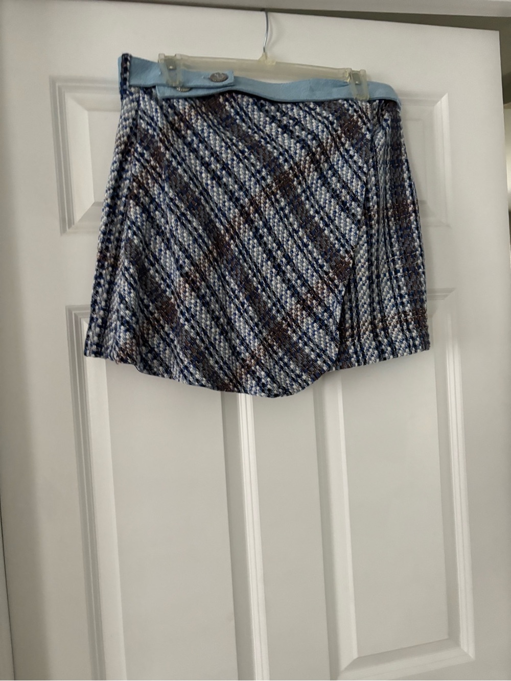 Blue Plaid Women's Mini Skirt with Light Blue Waistband